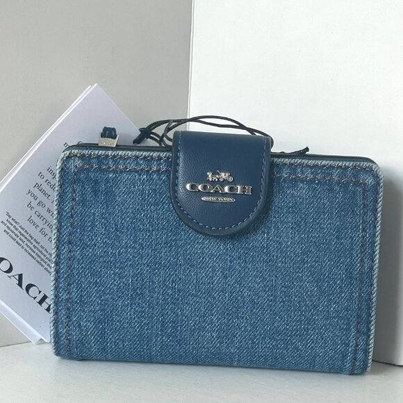 Coach Medium Corner Zip Wallet CA096 Signature Denim Cotton Compact ID - Picture 9 of 10